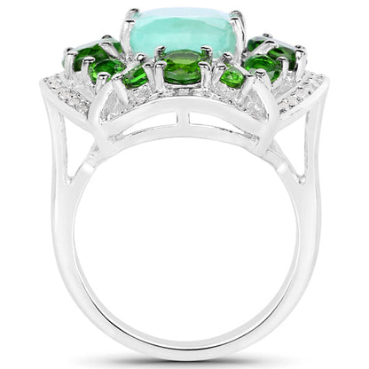5.49 Carat Genuine Emerald, Chrome Diopside and White Diamond .925 Sterling Silver Ring