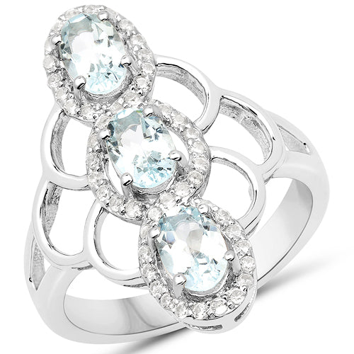 1.54 Carat Genuine Aquamarine and White Zircon .925 Sterling Silver Ring