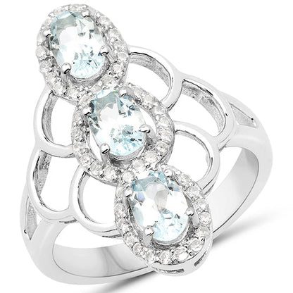 1.54 Carat Genuine Aquamarine and White Zircon .925 Sterling Silver Ring