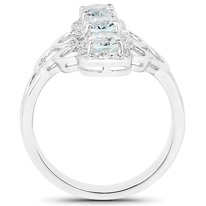 1.54 Carat Genuine Aquamarine and White Zircon .925 Sterling Silver Ring