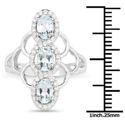 1.54 Carat Genuine Aquamarine and White Zircon .925 Sterling Silver Ring