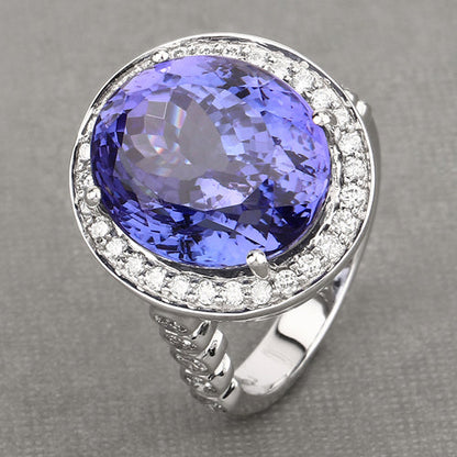 18.50 Carat Genuine Tanzanite and White Diamond 18K White Gold Ring