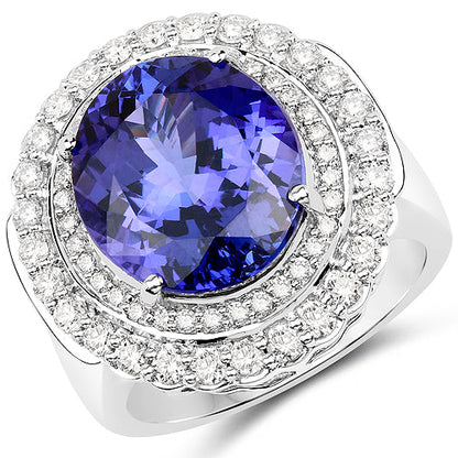 10.79 Carat Genuine Tanzanite and White Diamond 18K White Gold Ring