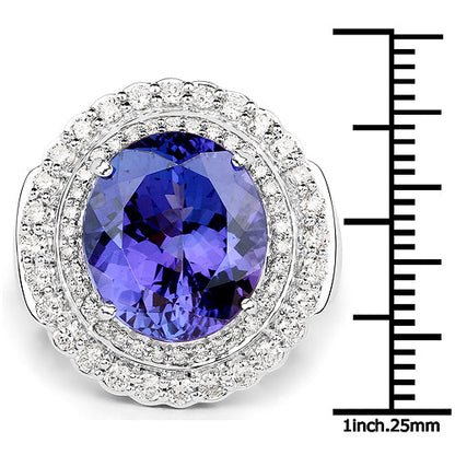 10.79 Carat Genuine Tanzanite and White Diamond 18K White Gold Ring