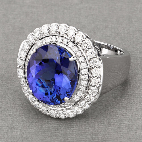 10.79 Carat Genuine Tanzanite and White Diamond 18K White Gold Ring