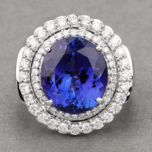 10.79 Carat Genuine Tanzanite and White Diamond 18K White Gold Ring