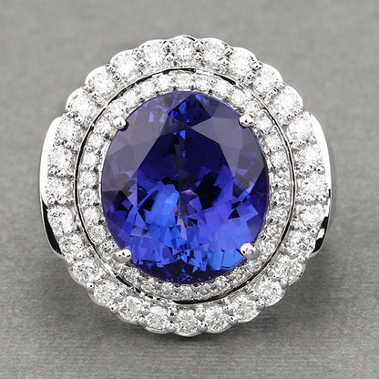 10.79 Carat Genuine Tanzanite and White Diamond 18K White Gold Ring