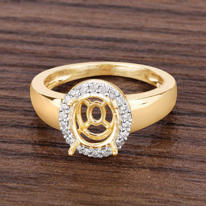 0.22 Carat Genuine White Diamond 14K Yellow Gold Semi Mount Ring - holds 9x7mm Oval Gemstone