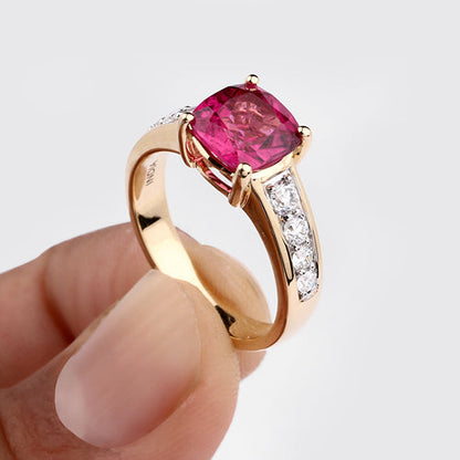 2.70 Carat Genuine Rubellite and White Diamond 14K Yellow Gold Ring