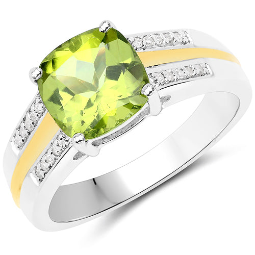 Bague en or jaune 14 carats et argent sterling .925 avec péridot véritable de 2,20 carats et diamants blancs