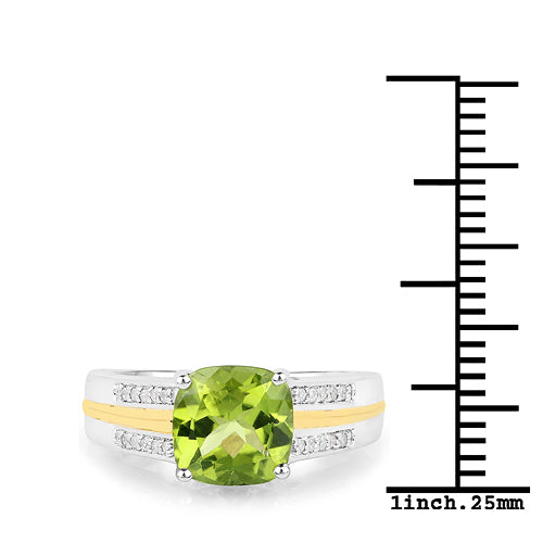 2.20 Carat Genuine Peridot and White Diamond 14K Yellow Gold with .925 Sterling Silver Ring