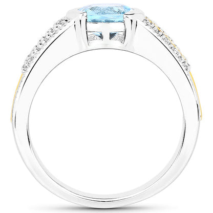 1.37 Carat Genuine Aquamarine and White Diamond 14K Yellow Gold with .925 Sterling Silver Ring