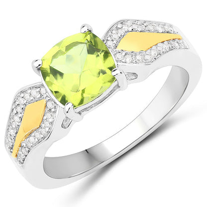 1.64 Carat Genuine Peridot and White Diamond 14K Yellow Gold with .925 Sterling Silver Ring