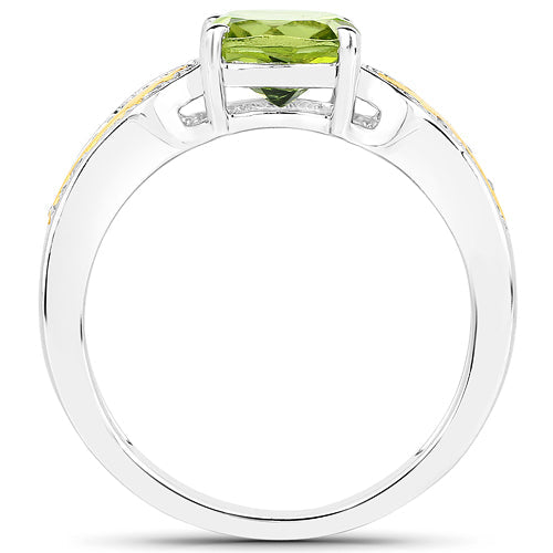 1.64 Carat Genuine Peridot and White Diamond 14K Yellow Gold with .925 Sterling Silver Ring