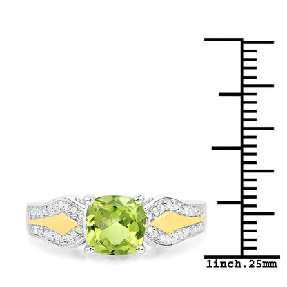 1.64 Carat Genuine Peridot and White Diamond 14K Yellow Gold with .925 Sterling Silver Ring