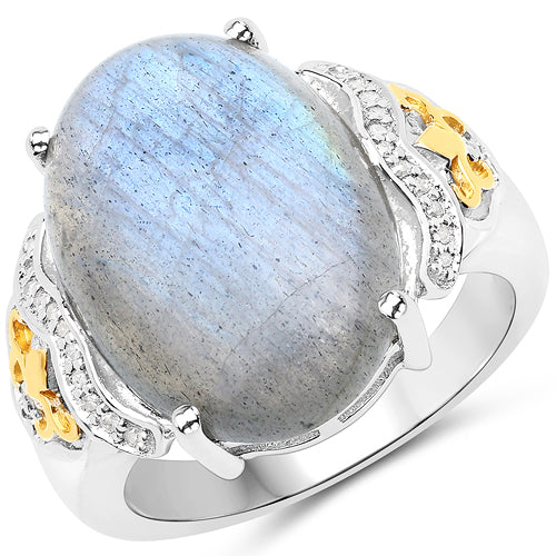 10.56 Carat Genuine Labradorite and White Diamond 14K Yellow Gold with .925 Sterling Silver Ring