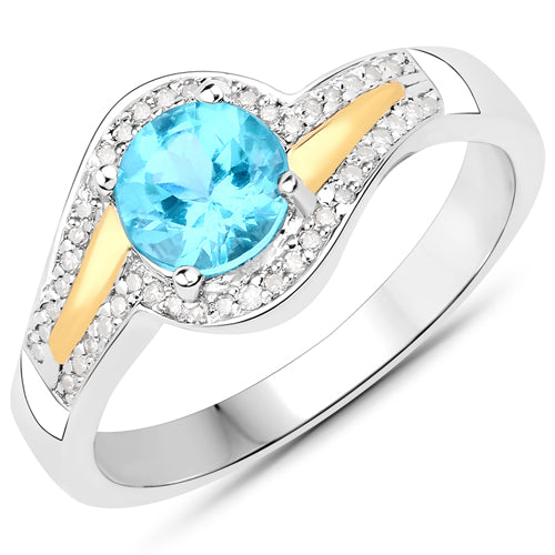 0.92 Carat Genuine Apatite and White Diamond .925 Sterling Silver Ring