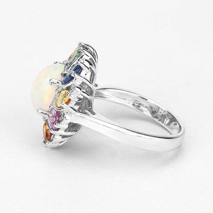 3.92 Carat Genuine Ethiopian Opal, Multi Sapphire and White Diamond .925 Sterling Silver Ring