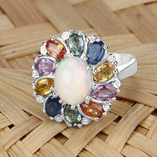 3.92 Carat Genuine Ethiopian Opal, Multi Sapphire and White Diamond .925 Sterling Silver Ring