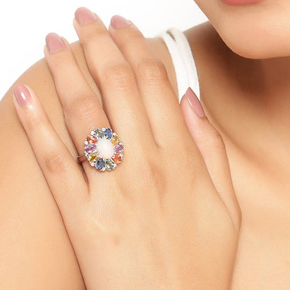 3.92 Carat Genuine Ethiopian Opal, Multi Sapphire and White Diamond .925 Sterling Silver Ring