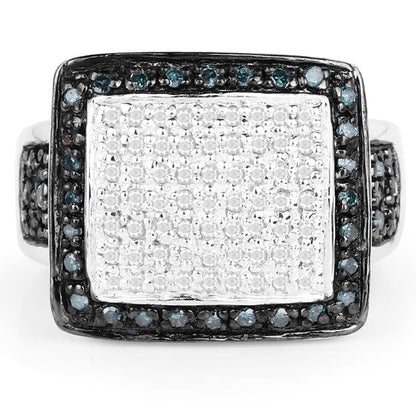 0.64 Carat Genuine White Diamond and Blue Diamond .925 Sterling Silver Ring