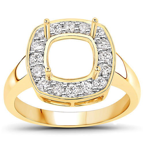 0.48 Carat Genuine White Diamond 14K Yellow Gold Semi Mount Ring - holds 8x8mm Cushion Gemstone