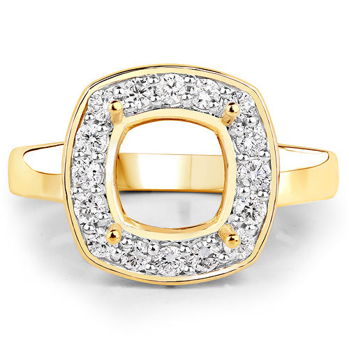 0.48 Carat Genuine White Diamond 14K Yellow Gold Semi Mount Ring - holds 8x8mm Cushion Gemstone