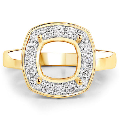 0.48 Carat Genuine White Diamond 14K Yellow Gold Semi Mount Ring - holds 8x8mm Cushion Gemstone