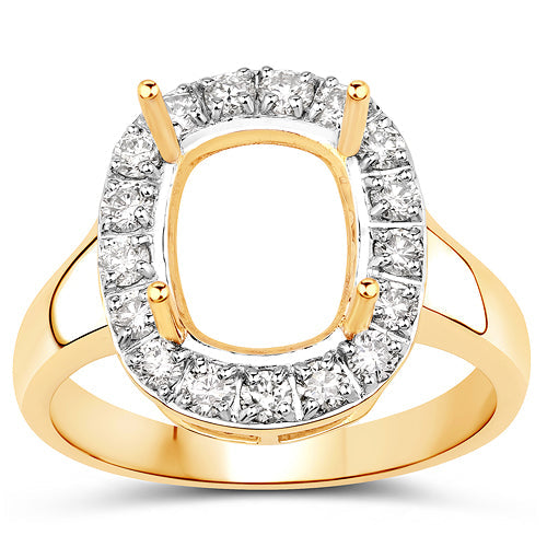 0.51 Carat Genuine White Diamond 14K Yellow Gold Semi Mount Ring - holds 10x8mm Cushion Gemstone