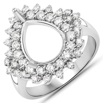 0.89 Carat Genuine White Diamond 14K White Gold Semi Mount Ring - holds 11x9mm Pear Gemstone