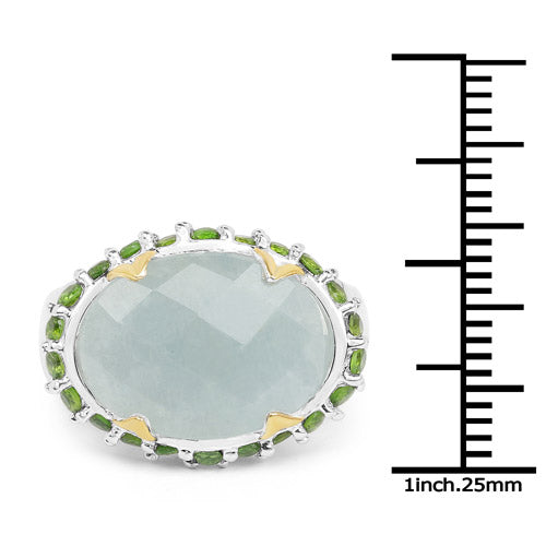 Two Tone Plated 9.12 Carat Genuine Milky Aquamarine and Chrome Diopside .925 Sterling Silver Ring