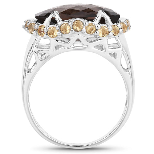 9.58 Carat Genuine Smoky Quartz and Citrine .925 Sterling Silver Ring