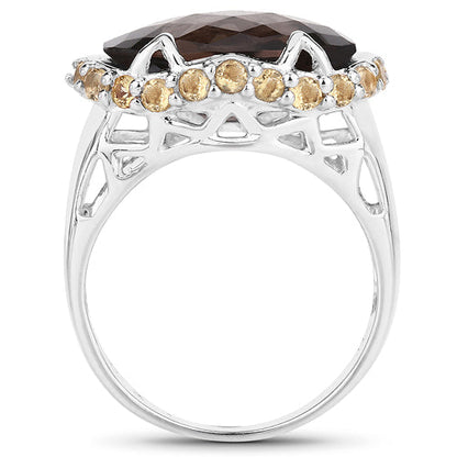 9.58 Carat Genuine Smoky Quartz and Citrine .925 Sterling Silver Ring