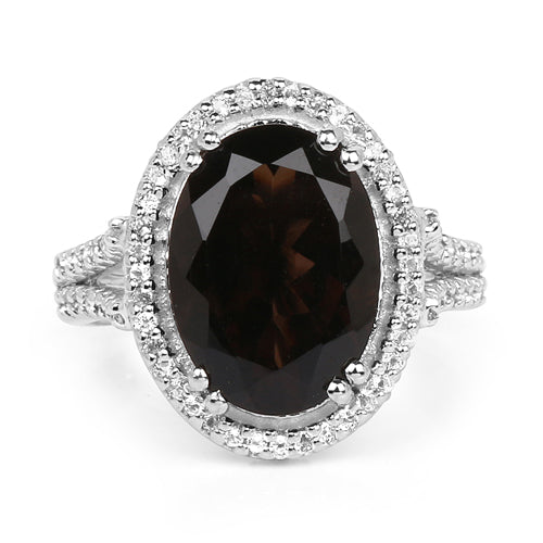 5.80 Carat Genuine Smoky Quartz & White Topaz .925 Sterling Silver Ring