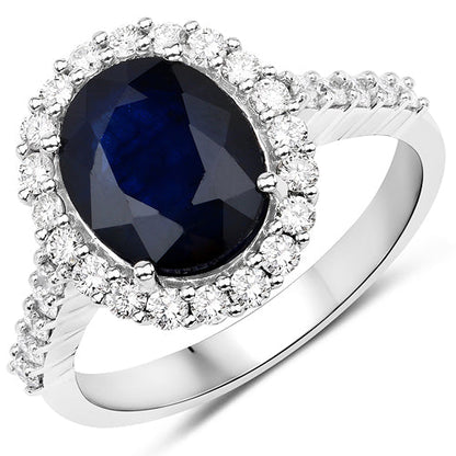 3.70 Carat Genuine Blue Sapphire and White Diamond 14K White Gold Ring