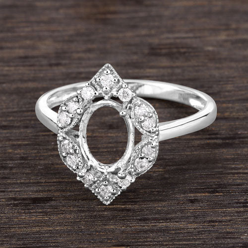 0.20 Carat Genuine White Diamond 14K White Gold Semi Mount Ring - holds 8x6mm Oval Gemstone