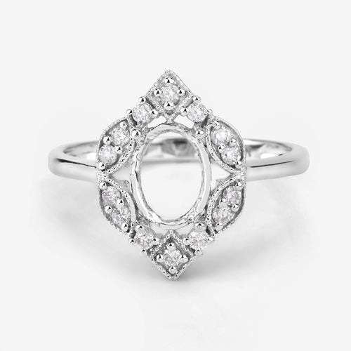 0.20 Carat Genuine White Diamond 14K White Gold Semi Mount Ring - holds 8x6mm Oval Gemstone