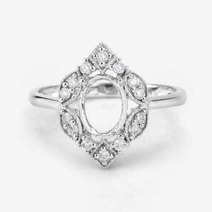 0.20 Carat Genuine White Diamond 14K White Gold Semi Mount Ring - holds 8x6mm Oval Gemstone