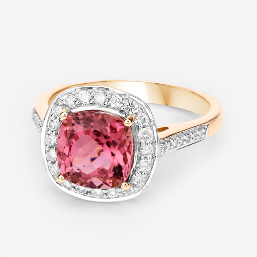 2.71 Carat Genuine Royal Pink Tourmaline and White Diamond 14K Yellow Gold Ring