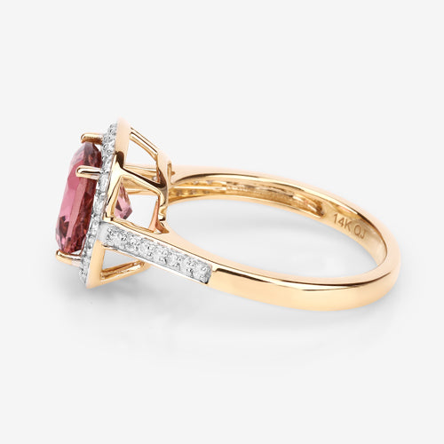 2.71 Carat Genuine Royal Pink Tourmaline and White Diamond 14K Yellow Gold Ring