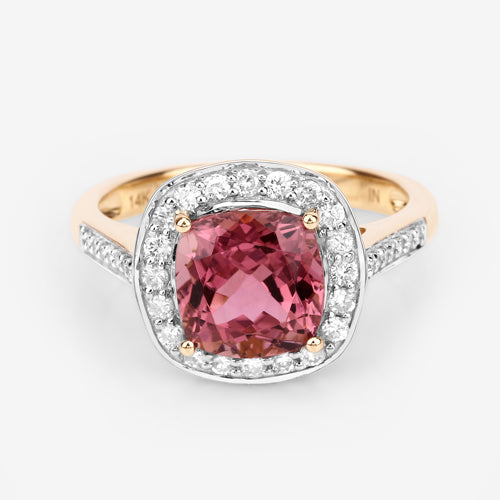 2.71 Carat Genuine Royal Pink Tourmaline and White Diamond 14K Yellow Gold Ring