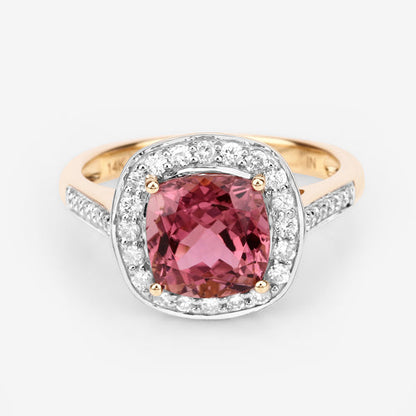 2.71 Carat Genuine Royal Pink Tourmaline and White Diamond 14K Yellow Gold Ring
