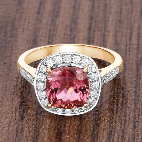 2.71 Carat Genuine Royal Pink Tourmaline and White Diamond 14K Yellow Gold Ring