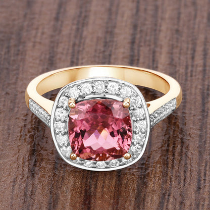 2.71 Carat Genuine Royal Pink Tourmaline and White Diamond 14K Yellow Gold Ring
