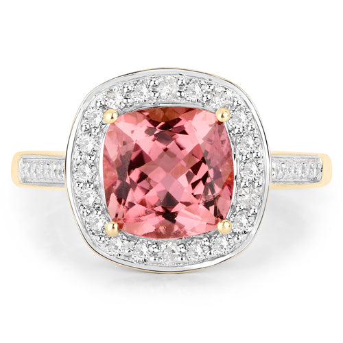 2.71 Carat Genuine Royal Pink Tourmaline and White Diamond 14K Yellow Gold Ring