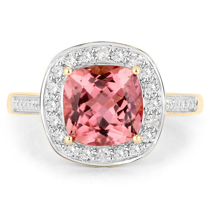 2.71 Carat Genuine Royal Pink Tourmaline and White Diamond 14K Yellow Gold Ring
