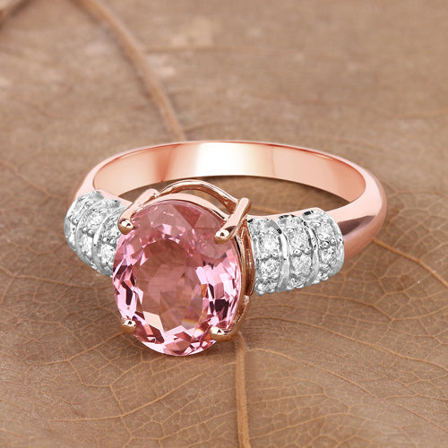 3.11 Carat Genuine Pink Tourmaline and White Diamond 14K Rose Gold Ring