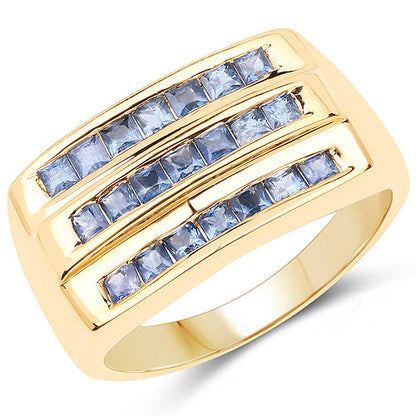 14K Yellow Gold Plated 1.05 Carat Genuine Blue Sapphire .925 Sterling Silver Ring
