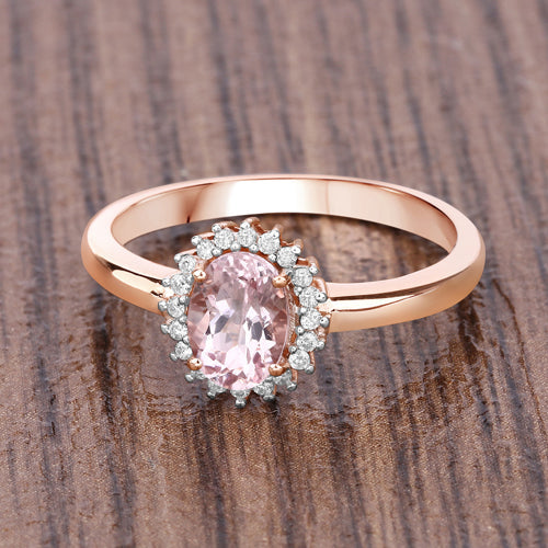 0.81 Carat Genuine Morganite and White Diamond 14K Rose Gold Ring