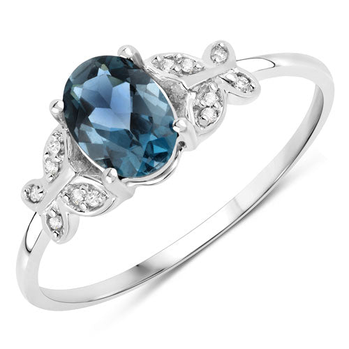 0.93 Carat Genuine London Blue Topaz and White Diamond 14K White Gold Ring